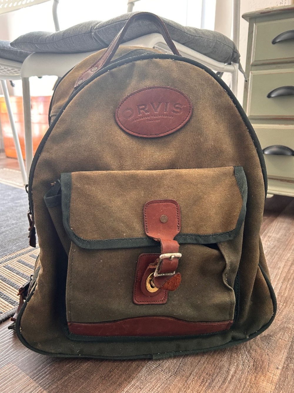 Orvis Battenkill vintage made USA green brown canvas leather rucksack backpack